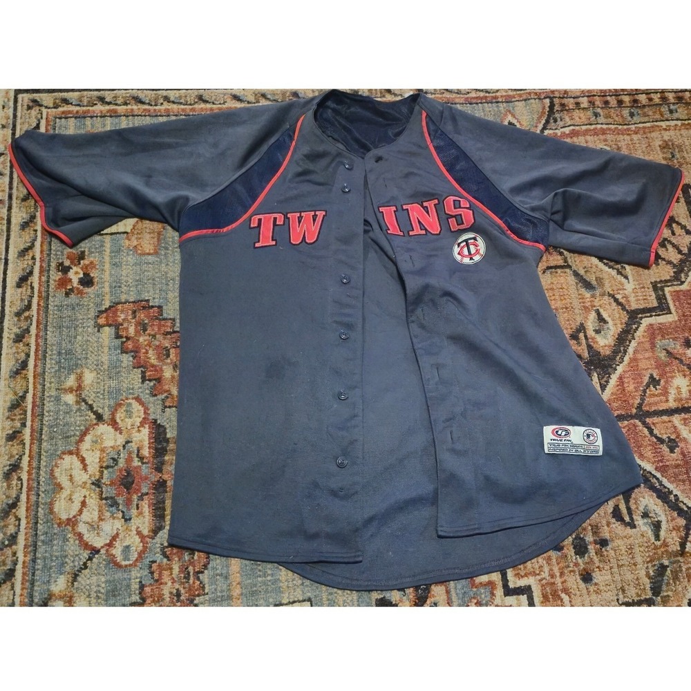 True Fan Minnesota‎ Twins MLB Baseball Jersey Navy Blue Red Mens Button Up Shirt